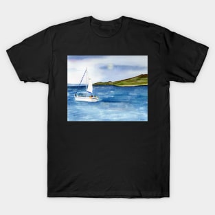 Sailing at Full Moon Watercolor Painting T-Shirt